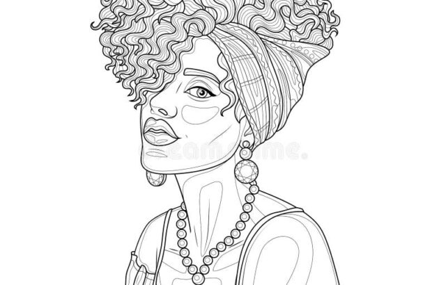 Line art portrait of woman with curly hair and headwrap