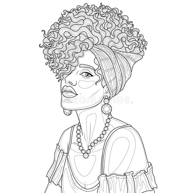 Line art portrait of woman with curly hair and headwrap