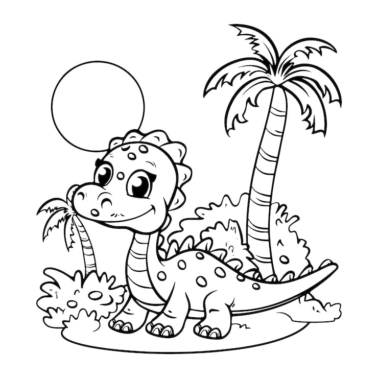 Cartoon dinosaur coloring page with palm trees