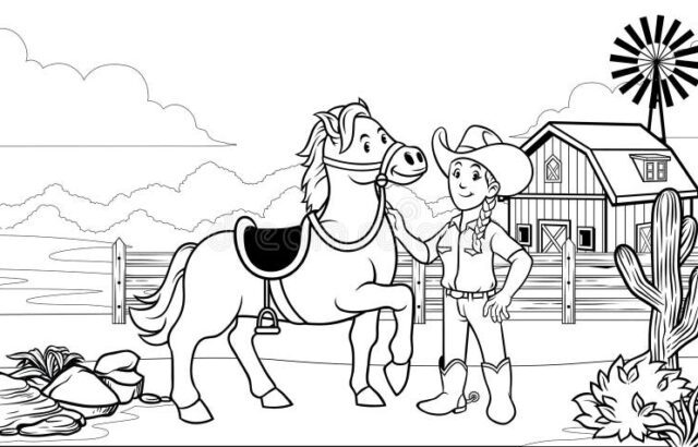 Cowgirl standing beside horse on a farm