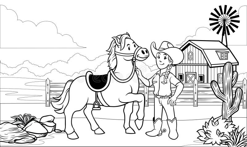 Cowgirl standing beside horse on a farm