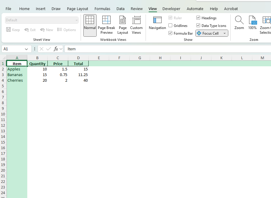 Spreadsheet with fruit table and values in columns