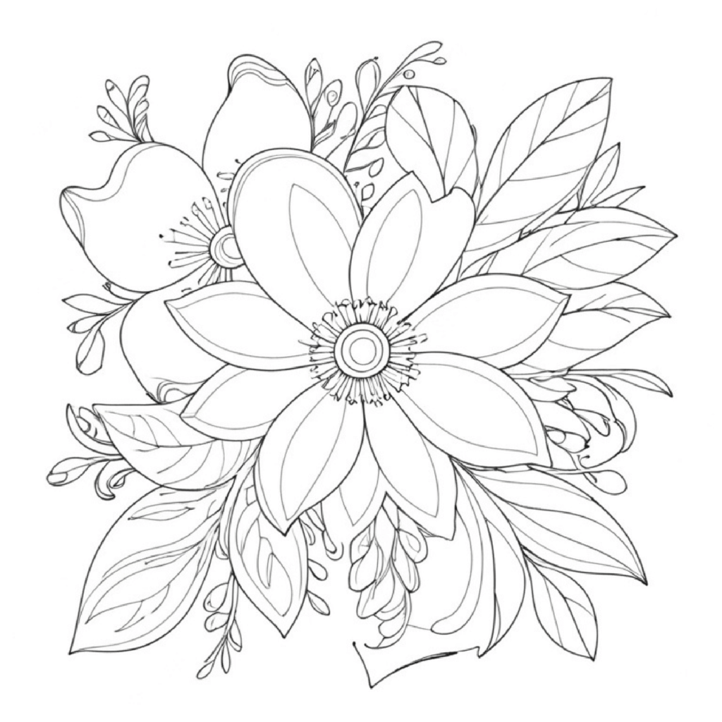 Black-and-white floral line drawing with large layered flowers and leaves