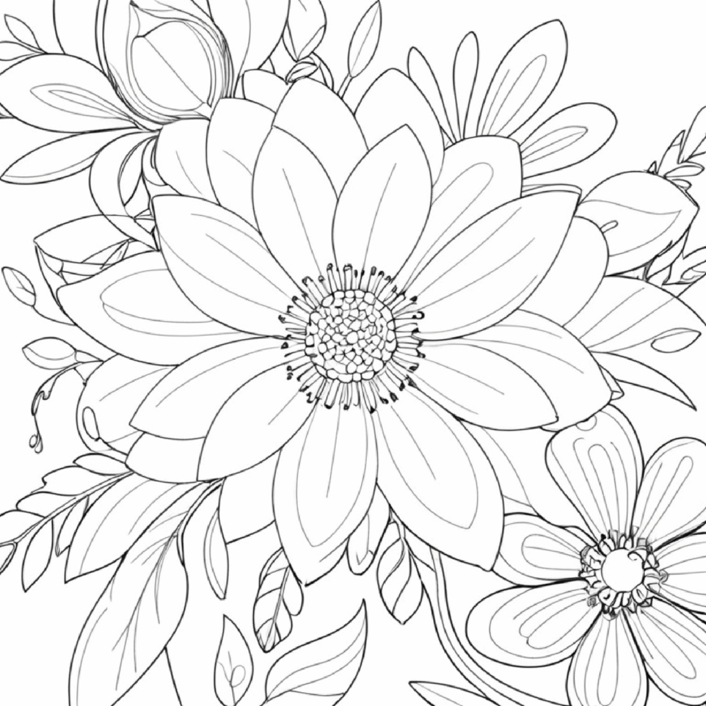 Black-and-white line drawing of large flowers and leaves
