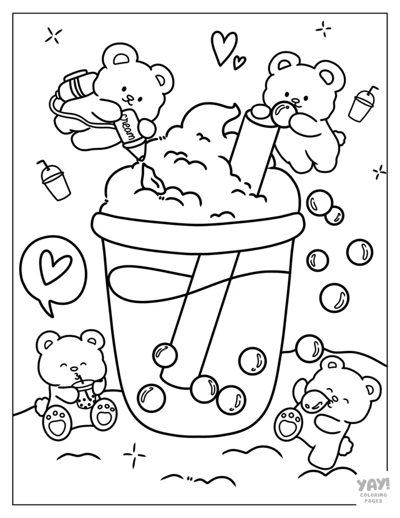 Cute teddy bears around a giant bubble tea cup