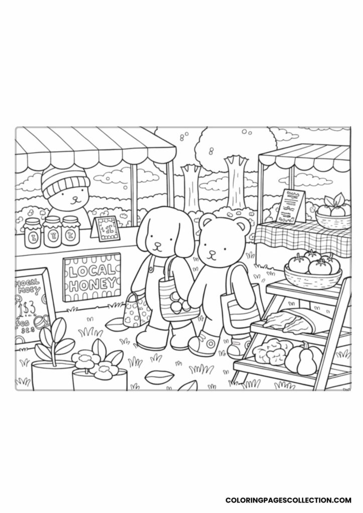 Black-and-white drawing of animals at a farm stand market