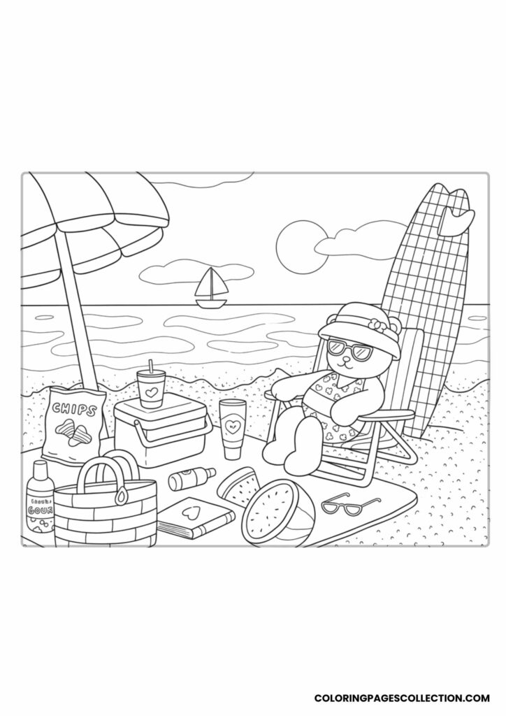 Beach picnic coloring page with bear and surfboard