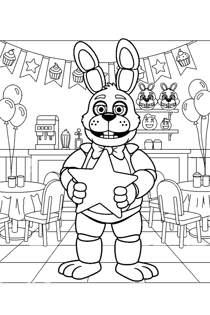 Cartoon bunny holding a star in decorated party room
