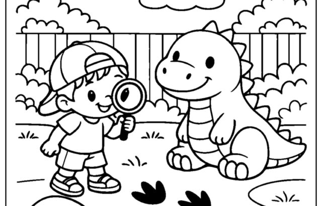Cartoon boy examining a dinosaur in a yard