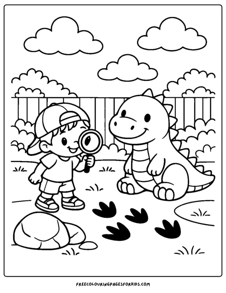Cartoon boy examining a dinosaur in a yard