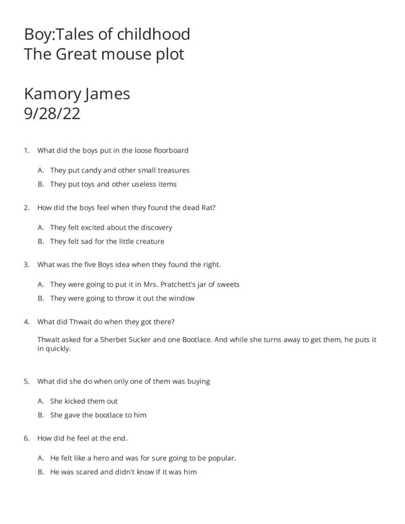 Printed worksheet page with Boy: Tales of Childhood questions