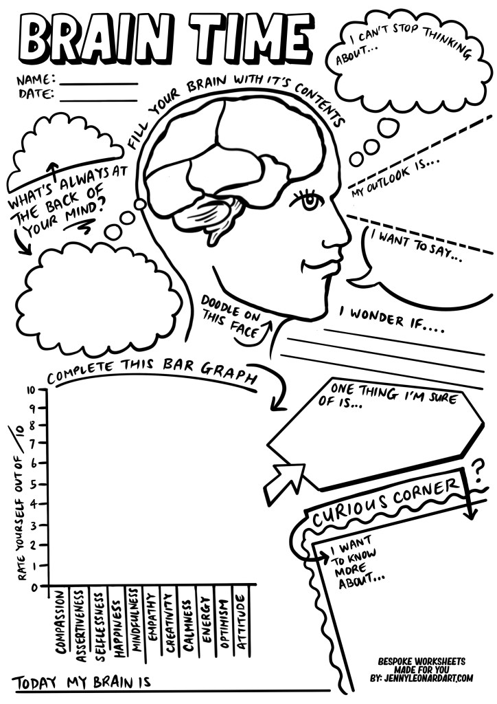 Black-and-white brain worksheet with prompts and bar graph