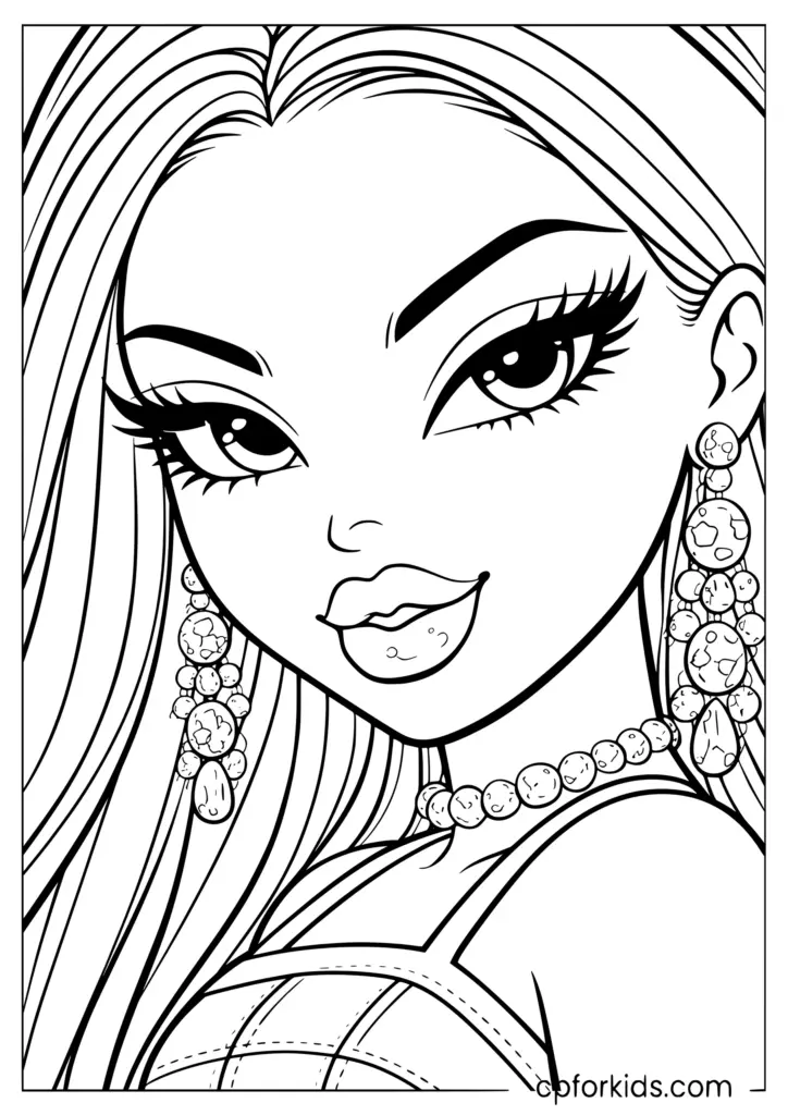 Black-and-white cartoon woman with long hair and jewelry