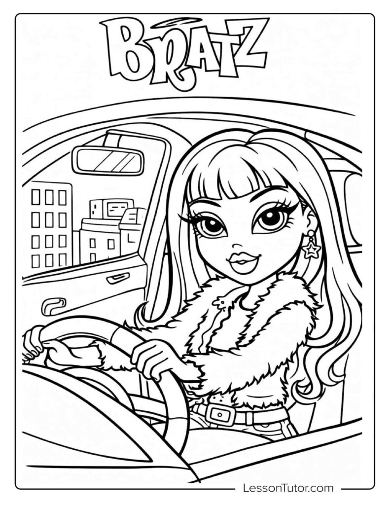 Black-and-white cartoon girl driving car, city background, BRATZ title