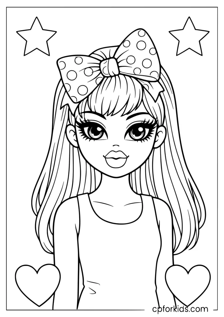 Black-and-white cartoon girl with bow, stars, hearts