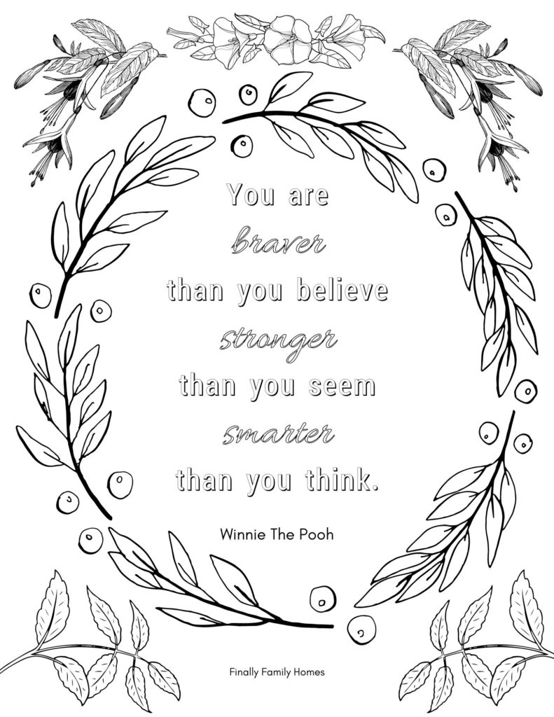Leafy floral quote coloring page with Winnie the Pooh text