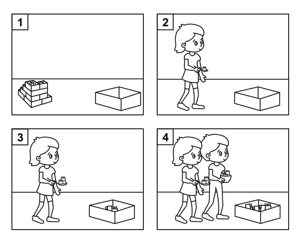 Four-panel black-and-white drawing of children building blocks