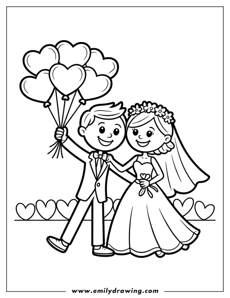 Cartoon bride and groom holding heart balloons