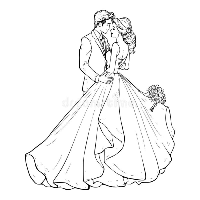 Bride and groom embracing in wedding attire