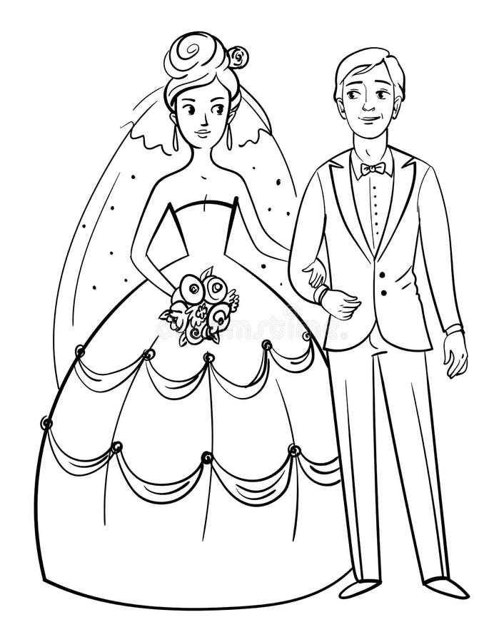 Bride and groom illustration, standing together