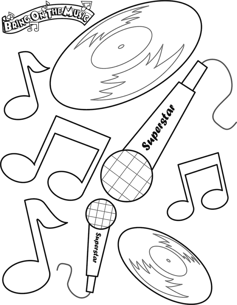 Music-themed coloring page with notes, microphones, records