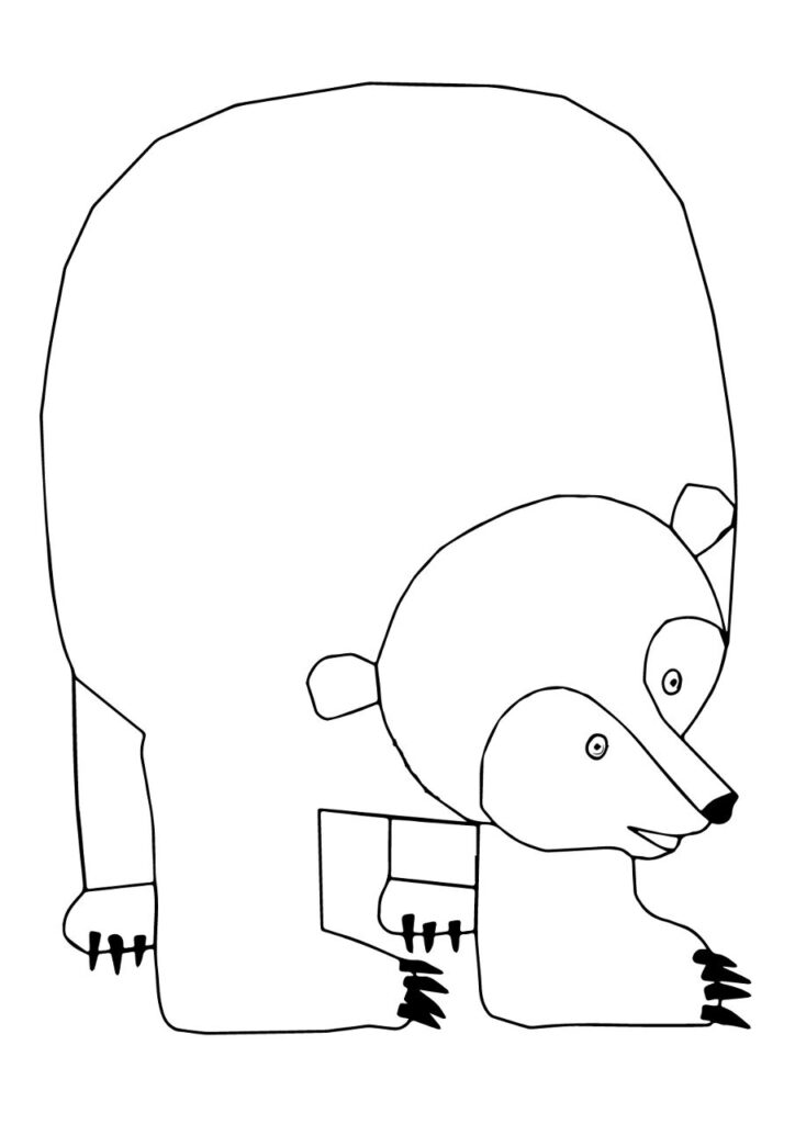Black-and-white outline drawing of a bear cub