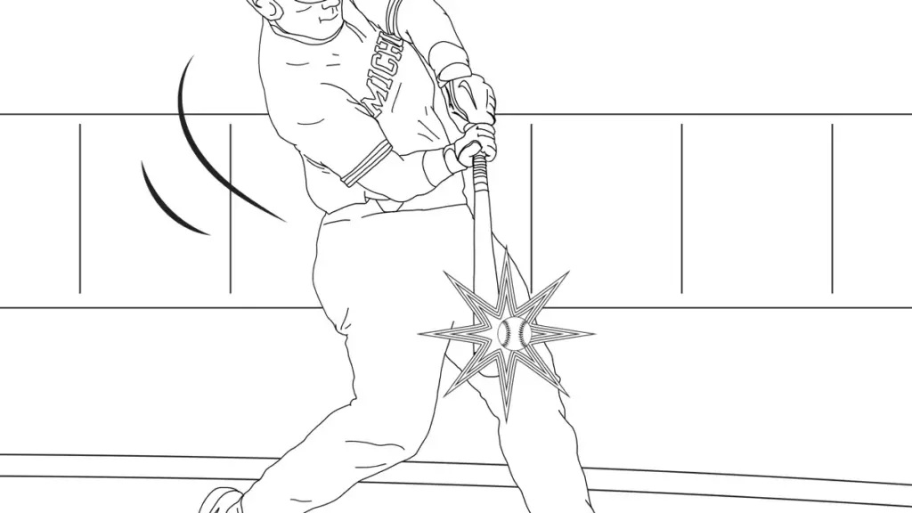 Line drawing of baseball batter swinging at ball