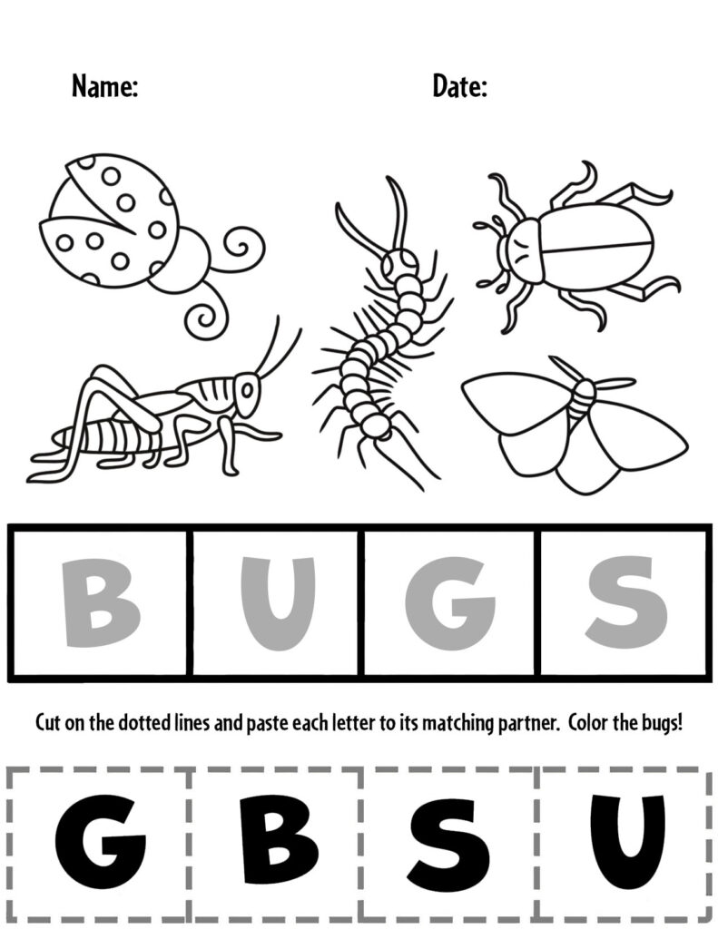 Printable bug matching worksheet with insect drawings and letters