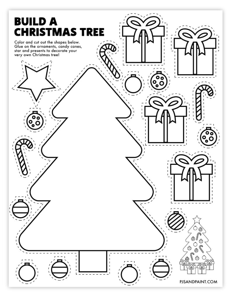 Christmas tree craft worksheet with cutout ornaments and gifts