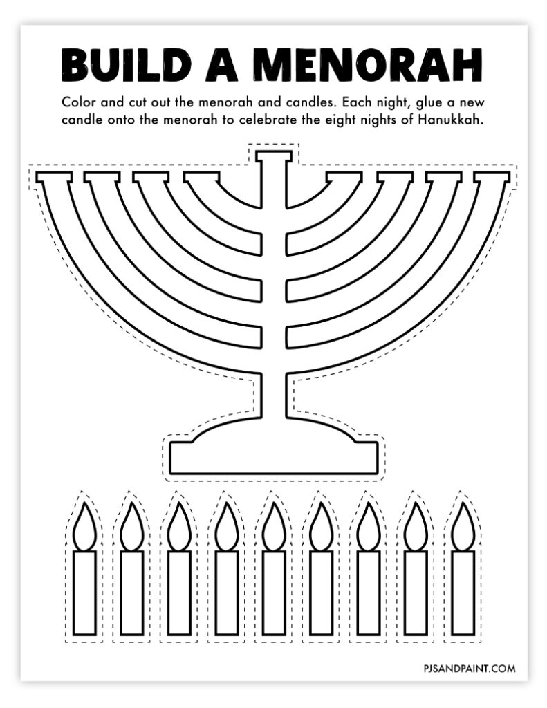 Outlined menorah coloring page with multiple candles