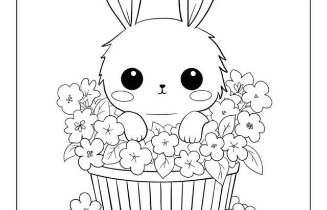 Cute bunny in flower-filled basket coloring page