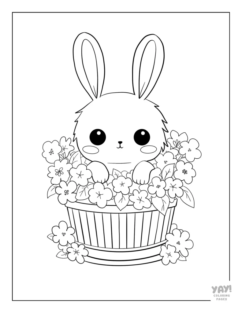 Cute bunny in flower-filled basket coloring page