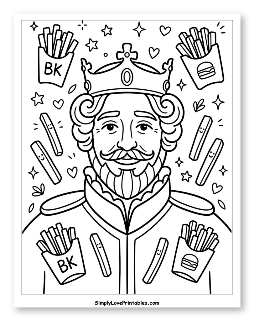 Black-and-white king coloring page with fries and burgers