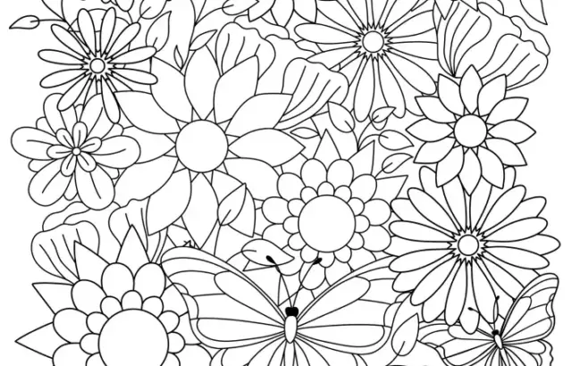 Black-and-white line drawing of flowers and butterflies