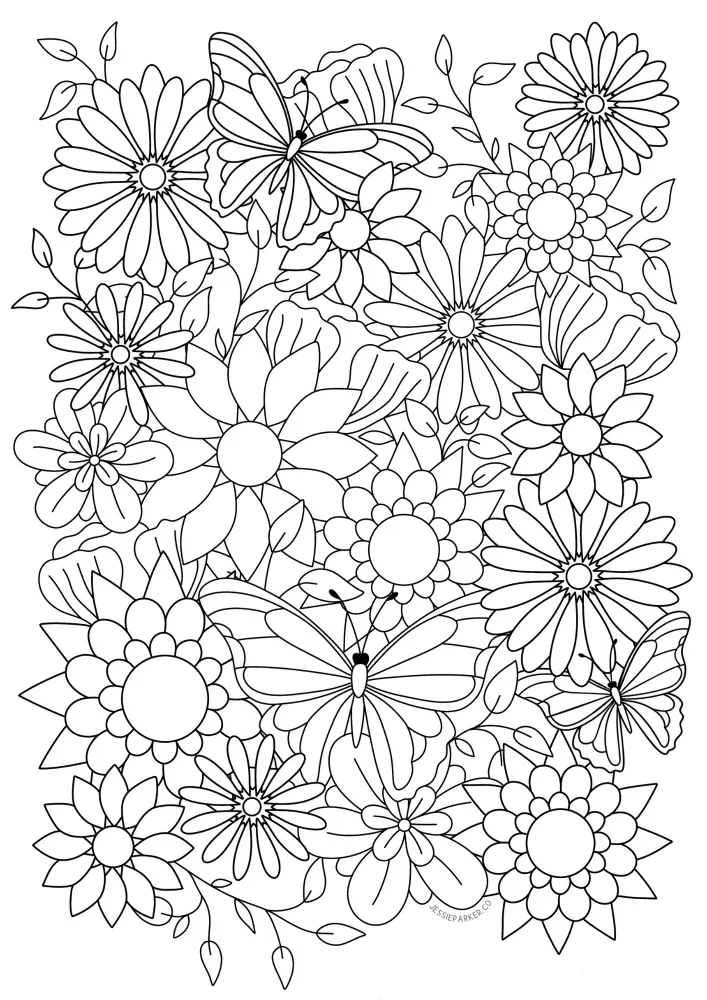 Black-and-white line drawing of flowers and butterflies