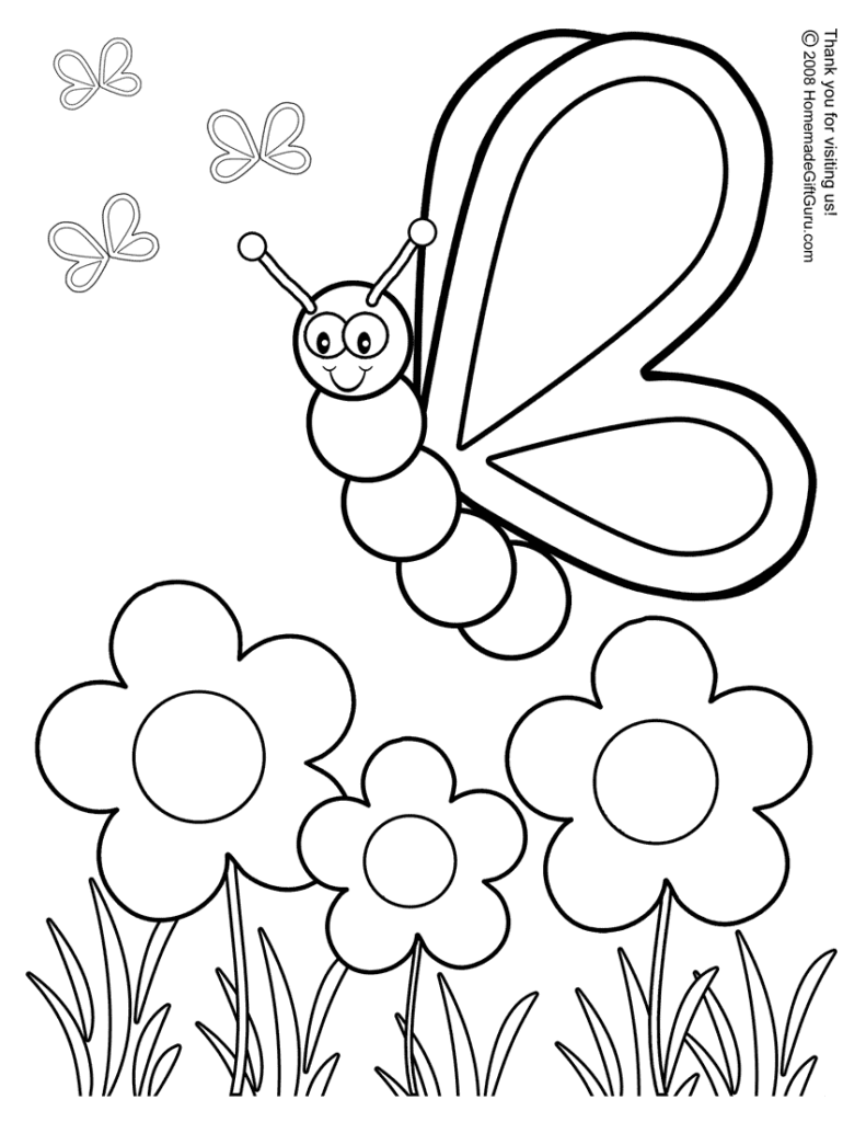 Butterfly above flowers in simple coloring page