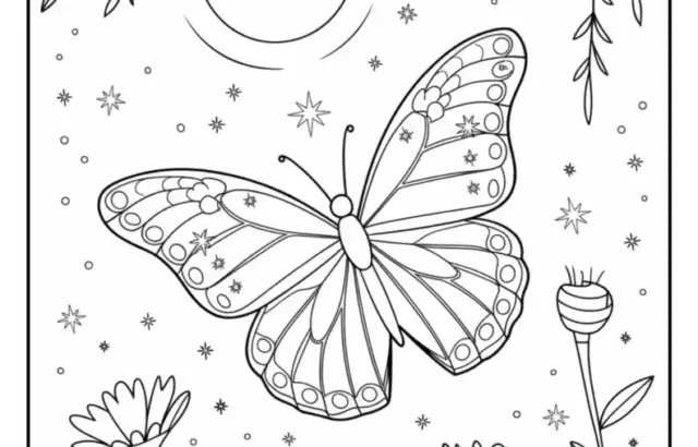 Butterfly coloring page with flowers and moonlit stars