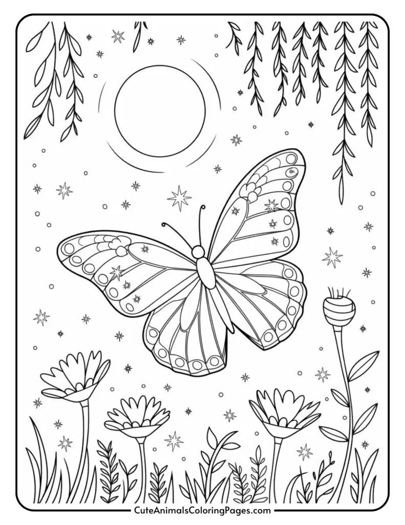 Butterfly coloring page with flowers and moonlit stars