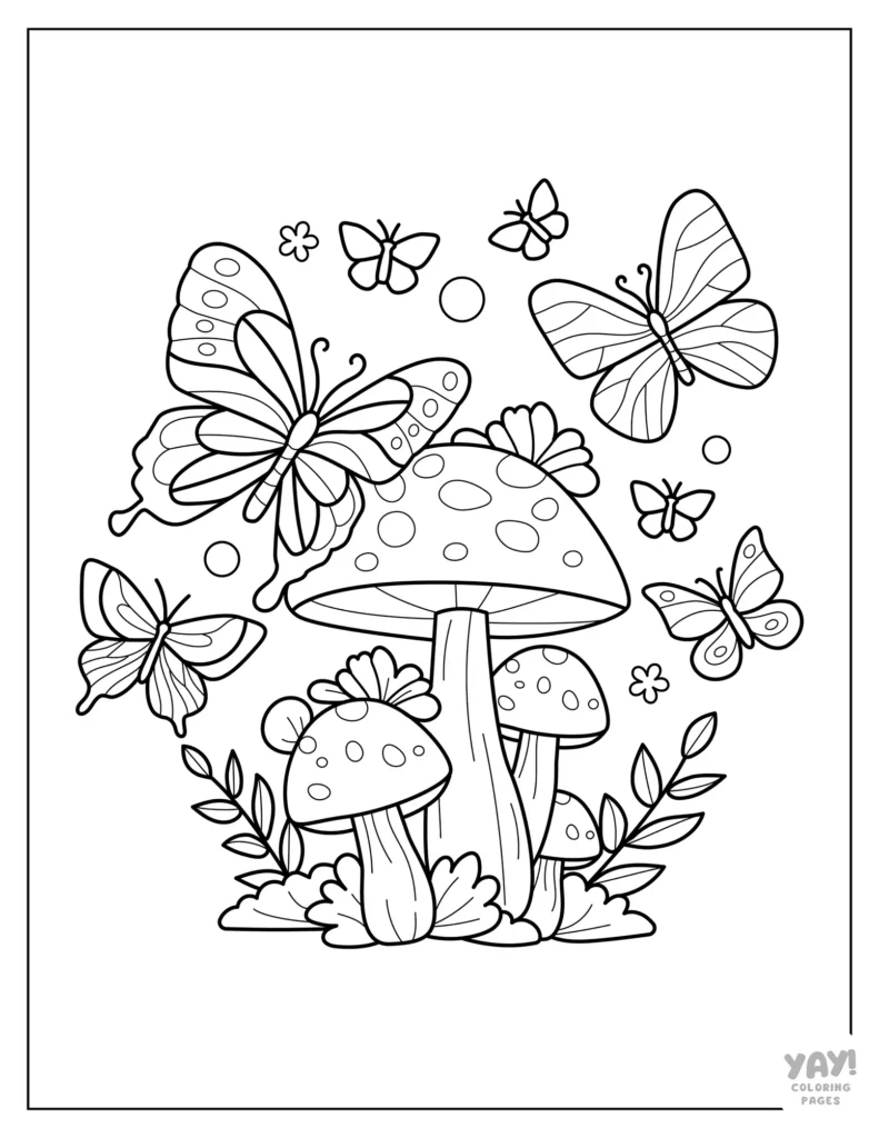 Butterflies flying around mushrooms in coloring page