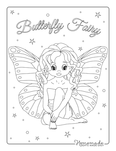 Butterfly fairy coloring page with seated girl