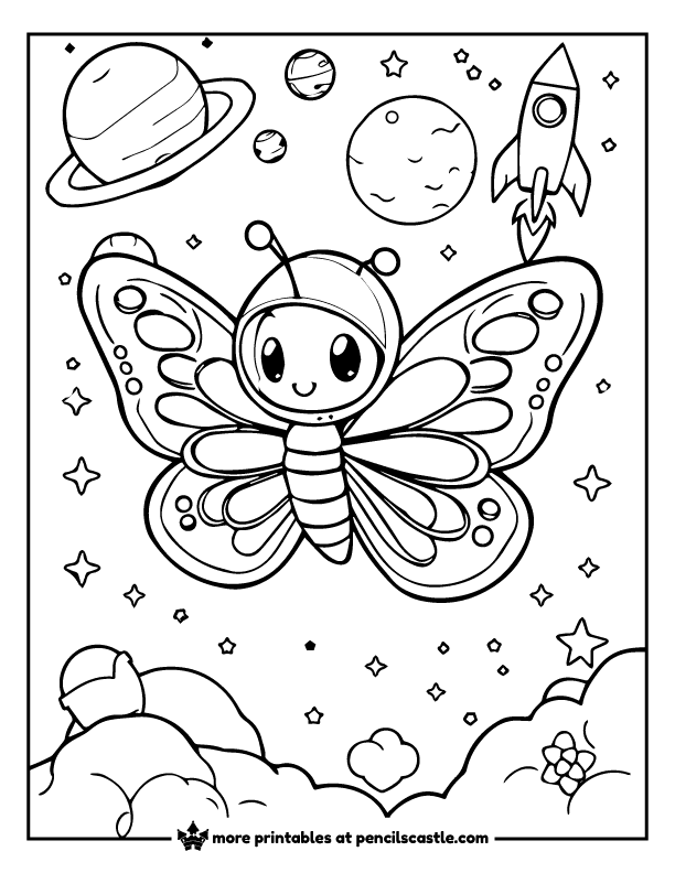 Butterfly astronaut floating among planets, rocket, and stars