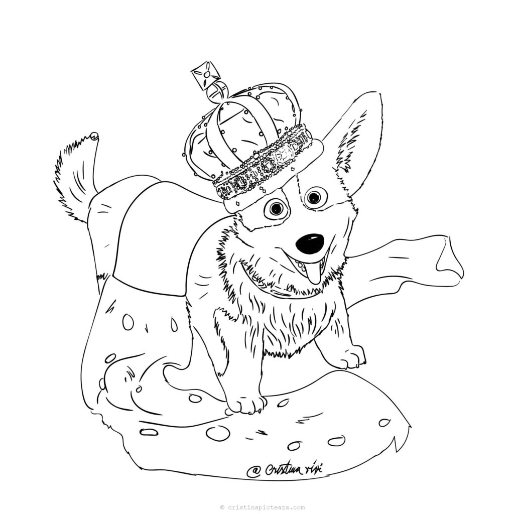 Line drawing of crowned corgi on a cushion