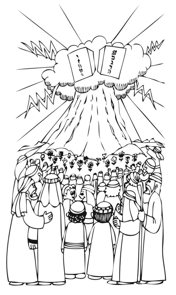 Black-and-white drawing of Moses, tablets, and crowd at mountain