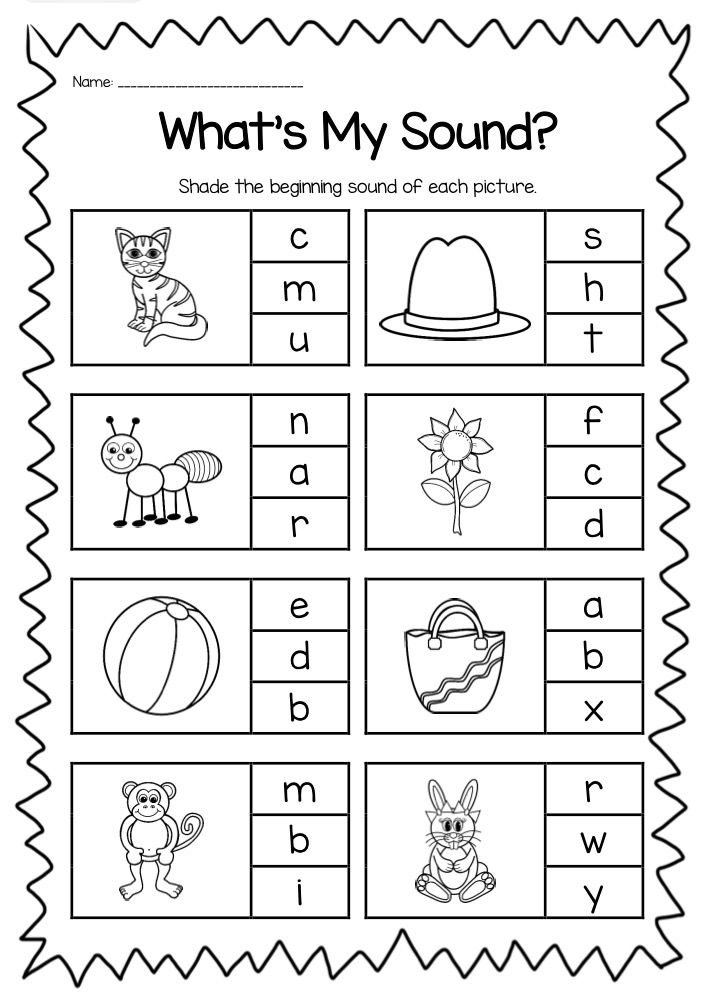 Black-and-white worksheet with pictures and letter choices