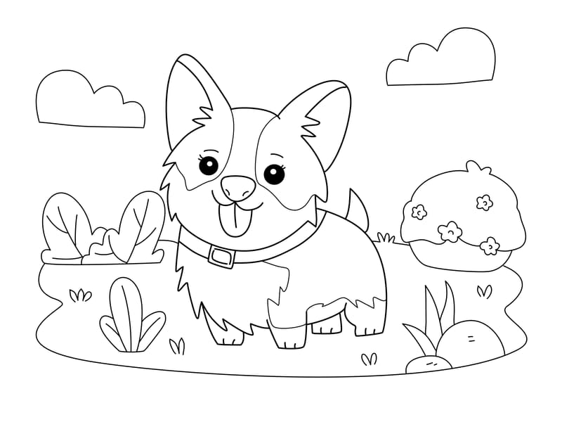 Cartoon corgi standing in a grassy landscape
