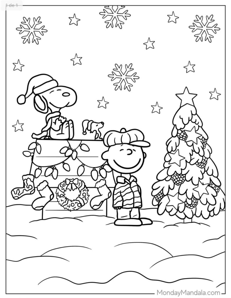 Snoopy and Woodstock beside decorated Christmas tree