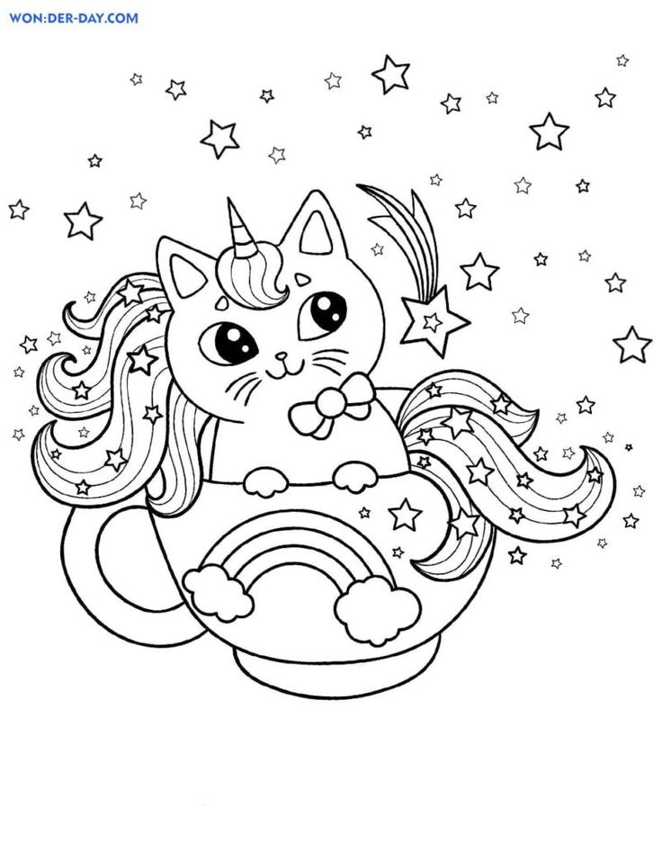 Unicorn kitten sitting in a teacup, surrounded by stars