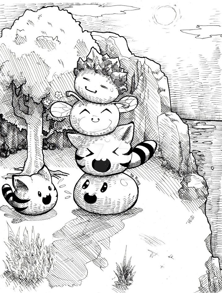Stacked cartoon slimes on a coastal cliffside