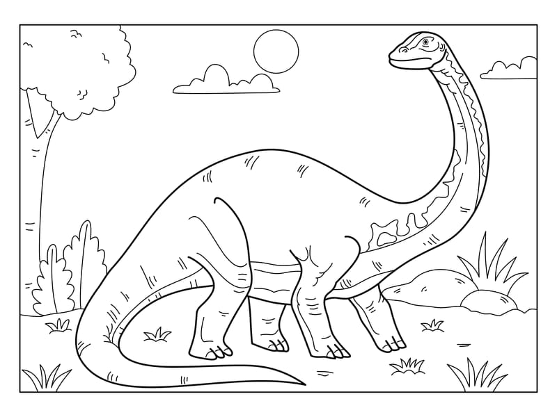 Black-and-white coloring page of a long-necked dinosaur outdoors