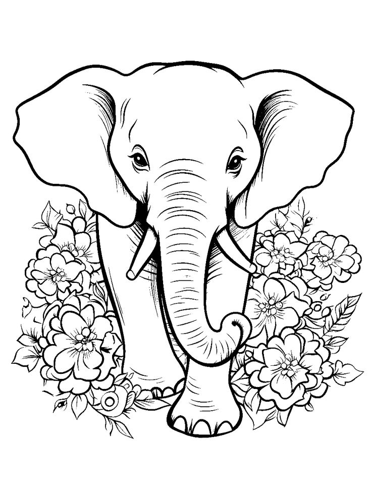 Black-and-white elephant surrounded by flowers